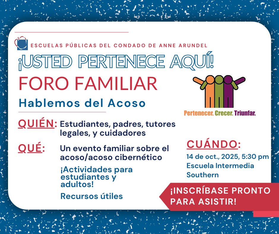 Join us for the 1st session of You Belong Here! Family Forum: Let's Talk Bullying. Explore bullying, mental health, &amp; building inclusive schools. Activities for all ages + strategies to address bullying. Register at tinyurl.com/SMS1014. (Location, date &amp; time below)