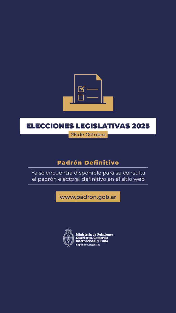 El 26 de octubre se celebrarán las Elecciones Legislativas 2025 y ya se puede consultar el Padrón Electoral Definitivo en padron.gob.ar. Ingrese su DNI y seleccione "Argentinos en el exterior" en el apartado "Distrito" para verificar sus datos y lugar de votación.