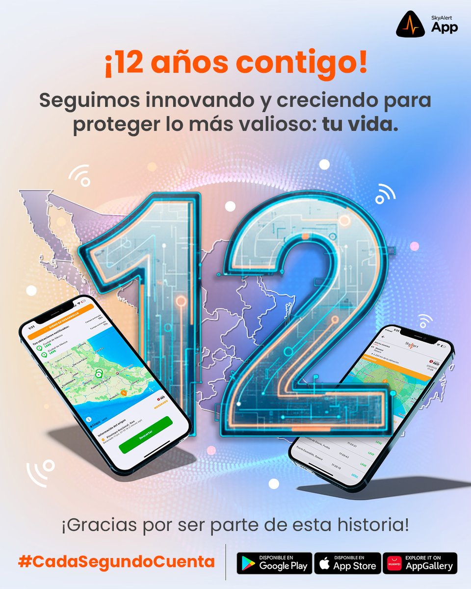 SkyAlertMx's tweet image. 🎉 ¡Celebramos 12 años de la #SkyAlertApp! 📲

Cada paso que damos, cada innovación, ha sido para salvar más vidas. 🧡

Conoce más sobre la historia de la #SkyAlertApp y ¡celebra con nosotros estos años de prevención! 🔔

Lee la nota completa y descarga nuestra app👇…