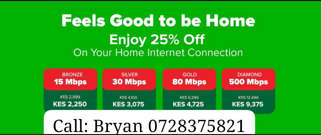 Get connected today with safaricom home fibre 🏡 and enjoy the fastest internet speeds in Kenya.  Available in Langata and karen . Interested contact Bryan 0728375821 
Safaricom sales agent.