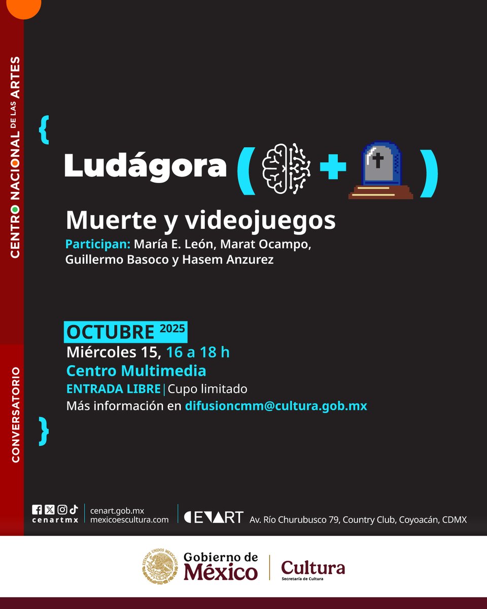 Centro Multimedia del Cenart (@cmm_cenart) on Twitter photo 👻 El próximo mes tendremos una sesión muy especial de Ludágora.
Conversaremos sobre la representación de la muerte en los mundos virtuales, desde sus efectos en la experiencia de juego hasta sus implicaciones culturales.
💀 ¡Te esperamos! 👻 El próximo mes tendremos una sesión muy especial de Ludágora.
Conversaremos sobre la representación de la muerte en los mundos virtuales, desde sus efectos en la experiencia de juego hasta sus implicaciones culturales.
💀 ¡Te esperamos!