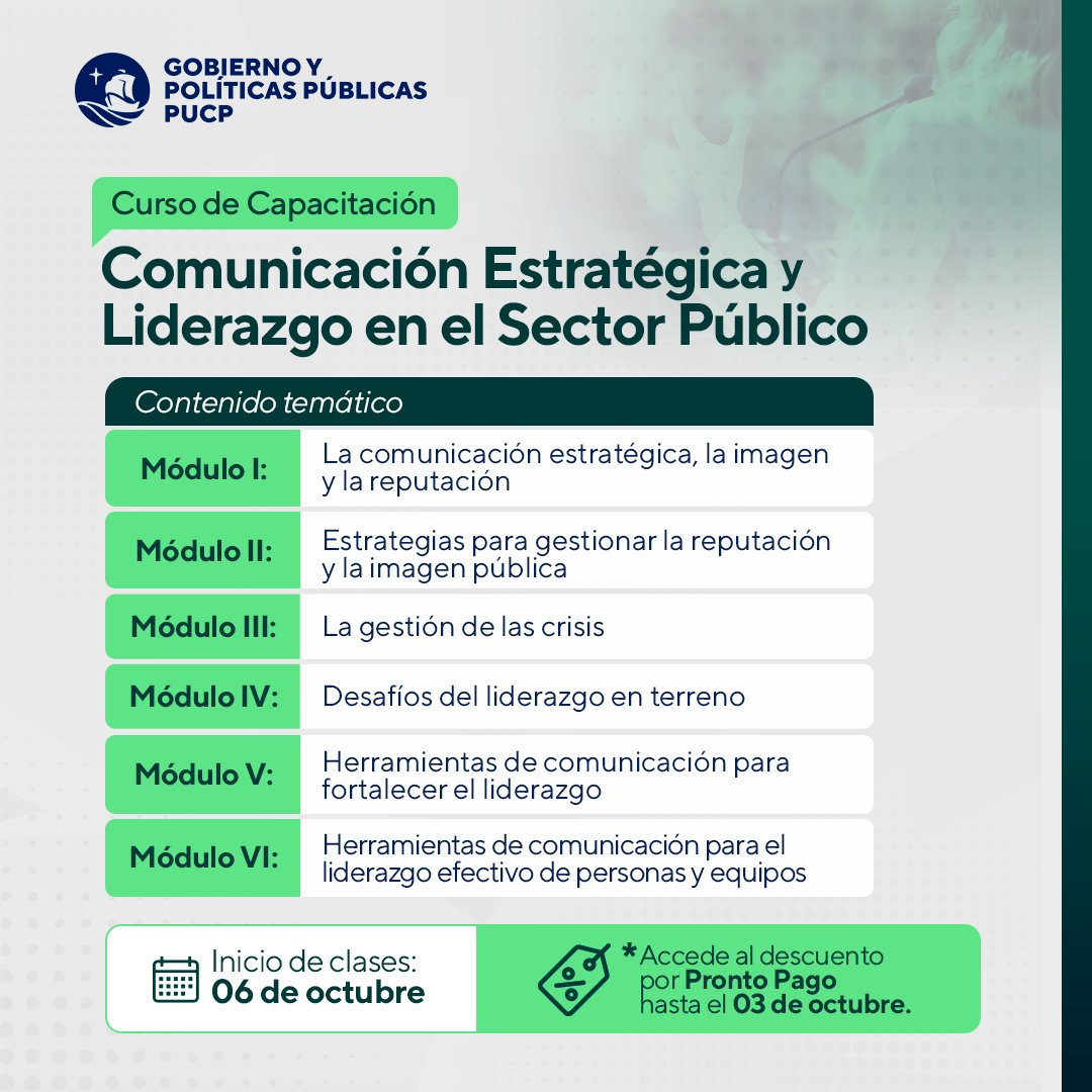📢 Liderar en el sector público exige comunicar con estrategia.
🚀 Aprende a gestionar reputación, crisis y equipos en el Curso PUCP.
🗓️ Inicio: 06 de octubre
💡 Pronto pago hasta el 03 de octubre

👉 wa.link/8iqyk9
#PUCP #ComunicaciónEstratégica #Liderazgo