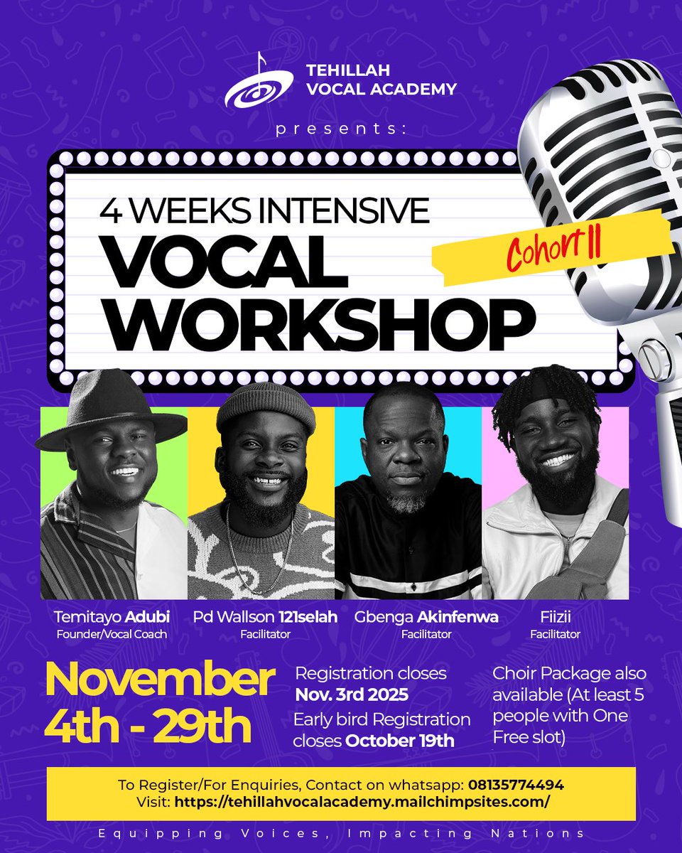 Temitayoadubi's tweet image. It is finally here!!💨
For enquries and Registration, Click any if these links👇🏾
Note: Choir Package also available
…hillahvocalacademy.mailchimpsites.com
wa.me/message/EIETUX…
The Slots available are limited
#singers #voicetraining #vocalworkshop #worshipleaders