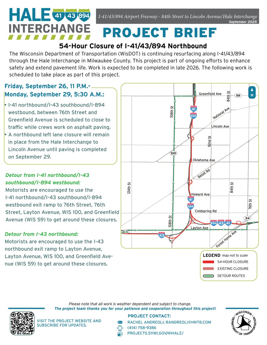 🚧 REMINDER: The second full, directional closure along I-894/41/43 through the Hale Interchange is happening this weekend. The interstate will be closing late Friday night (9/26) until early Monday morning (9/29). Learn more here: projects.511wi.gov/41hale/