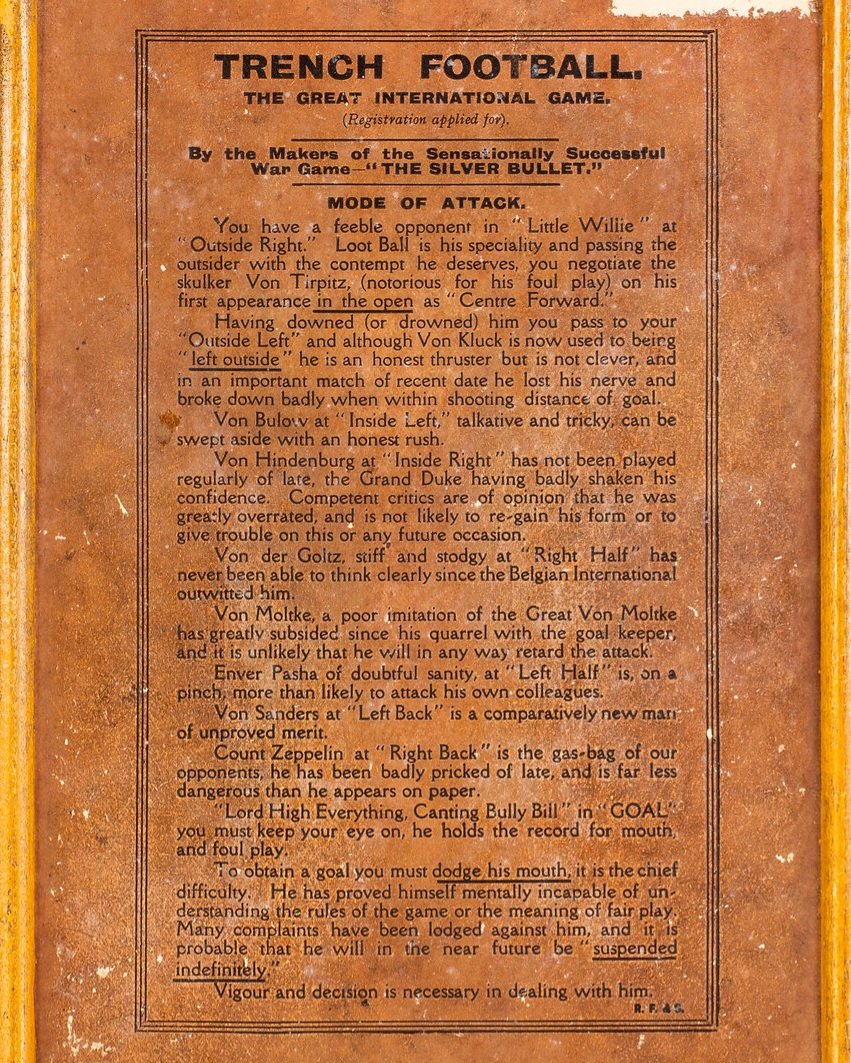 Birinci Dünya Savaşın'da İngilizlerin tasarladığı "Siper Futbolu" adlı propaganda oyun.

Left Half: Enver Paşa