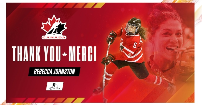 HockeyCanada's tweet photo. Rebecca Johnston is calling it a career after three Olympic gold medals and three #WomensWorlds titles. 🍁
 
Rebecca Johnston met un terme à sa carrière après trois médailles d’or olympiques et trois titres au #MondialFéminin. 🍁
 
@RJohnst6 | @OWHAhockey
