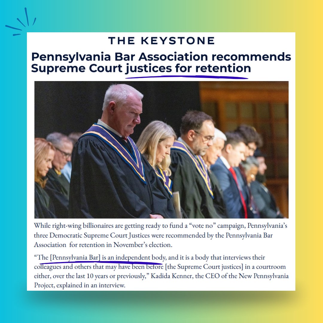🚨 HEY PENNSYLVANIA!

All 3 justices up for Nov. 4’s retention election are recommended by the nonpartisan Pennsylvania Bar Association.

Pennsylvania’s Supreme Court is fair and independent. #ProtectPACourts