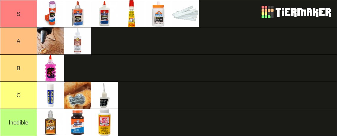 I am a Yoshi main and this is my glue eating tier list! Tag your local Yoshi main to get them to share their favorite glue to eat!

<a href="/yoshiXLNC/">LS XLNC</a> <a href="/Wilsondo_Yoshi/">Wilsondo</a> <a href="/DuffySSB/">Duffy</a> 

tiermaker.com/create/glue-ea…