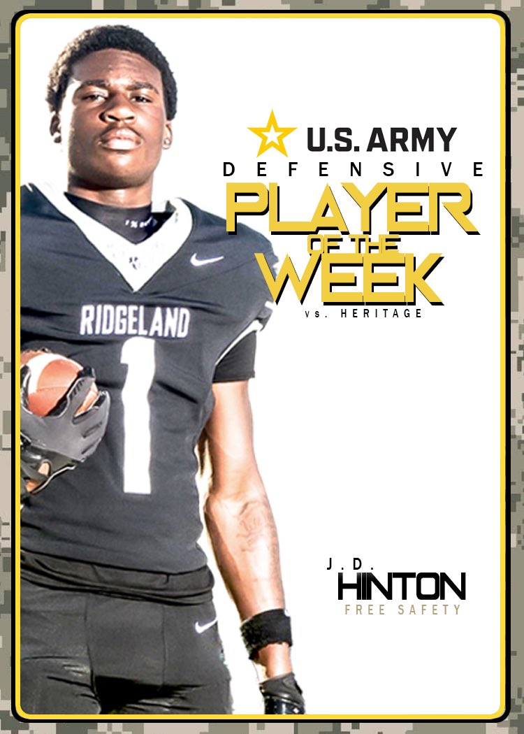 Congrats <a href="/Jd1hinton/">Jadarius Hinton</a> for being named the US Army Defensive Player of the Week vs Heritage. Also had 12 rec for 88 yds and a TD on offense. <a href="/RecruitGeorgia/">Recruit Georgia</a> <a href="/PrepRedzone/">Prep Redzone 🏈</a> <a href="/NwGaFootball/">NwGa Football</a>