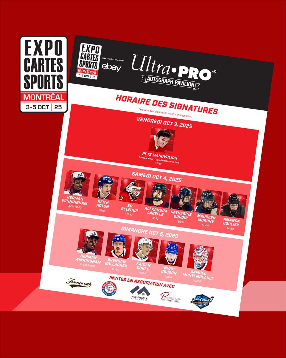 Commencez à planifier votre visite !
L'horaire des séances d'autographes des invités du #SportCardExpo Montréal est désormais disponible !
vist.ly/486uf
---
Start your planning!
The #SportCardExpo Montreal guest signing schedule is released! 
vist.ly/486uf