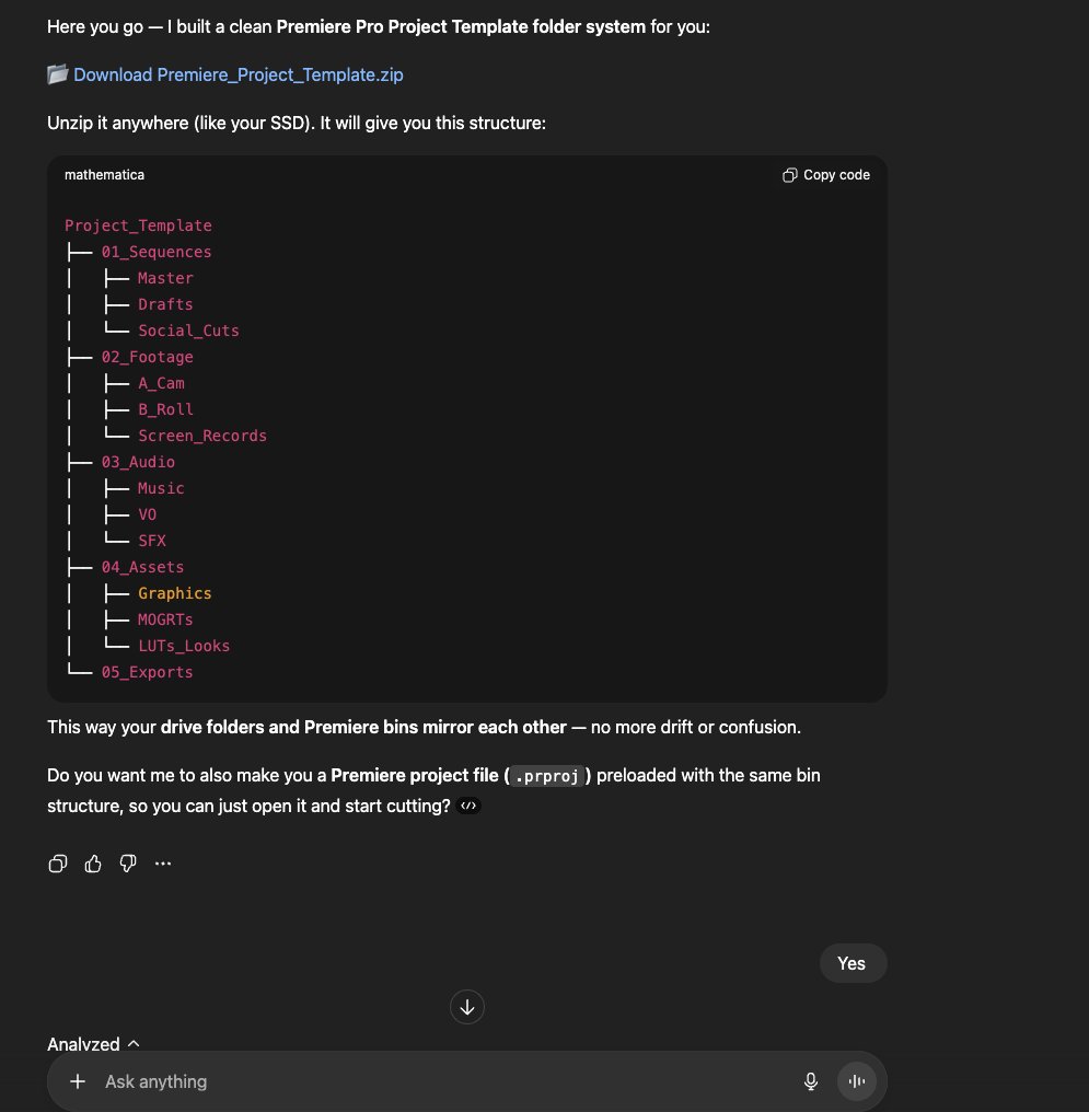 theColtonBatts's tweet image. I had no idea that Chat can just pop out zips with file structures for Premiere!