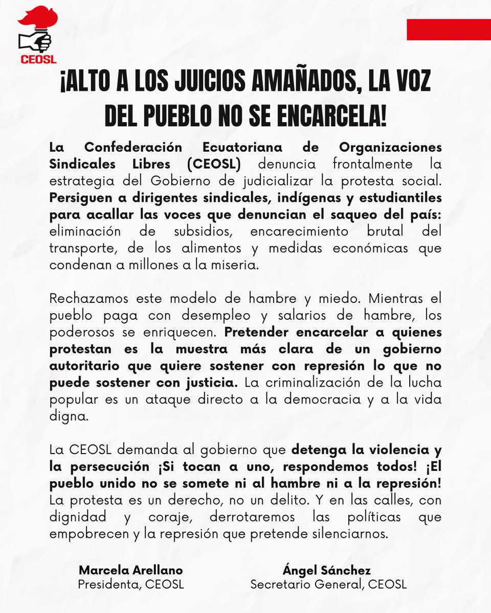 🚨Denunciamos frontalmente la estrategia del Gobierno de judicializar la protesta social. Persiguen a dirigentes sindicales, indígenas y estudiantiles para acallar las voces que denuncian el saqueo del país: eliminación de subsidios, encarecimiento brutal del transporte, de los