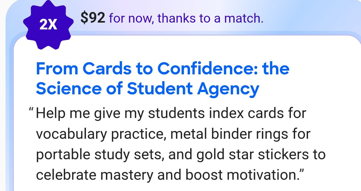 I need your help.  secure.donorschoose.org/project/from-c…
All donations are currently matched 100%. That means your $10 donation becomes $20. Your $25 becomes  $50. Please help if you can. Please share <a href="/craignewmark/">craig newmark</a> <a href="/CharityCheetah/">Charity Cheetah</a> #SupportPublicSchools #DonorsChoose #Title1 #EquityInEducation