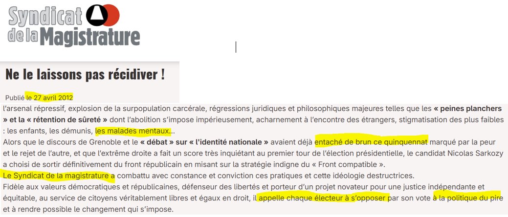 Pour ceux qui douteraient de la politisation extrême du Syndicat de la Magistrature (SM) et de la haine qu'il entretient à l'encontre de #NicolasSarkozy, lisez ce communiqué de l'organisation syndicale qui regroupe un tiers des magistrats.
En avril 2012, entre les deux tours de