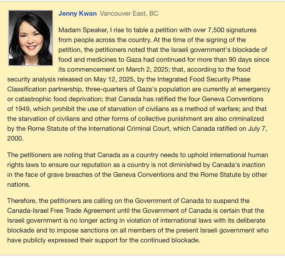 Parliament 24.9.2025
Presenting 7,500-signature petition urging government to suspend Canada-Israel Free Trade Agreement and impose sanctions amid Gaza blockade concerns
#Gaza