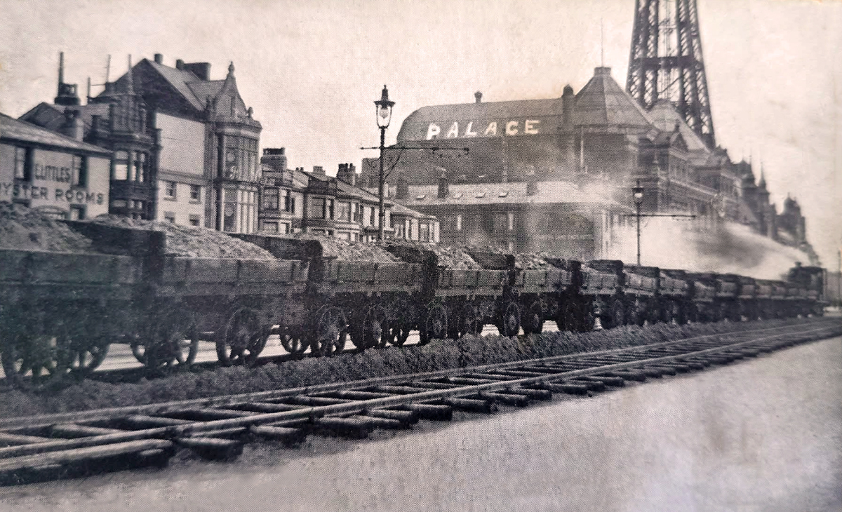 Goods train on #Blackpool Promenade transporting sand from the beach for building purposes; the line opened in 1911 and lasted about four months. #Lancashire #Railways