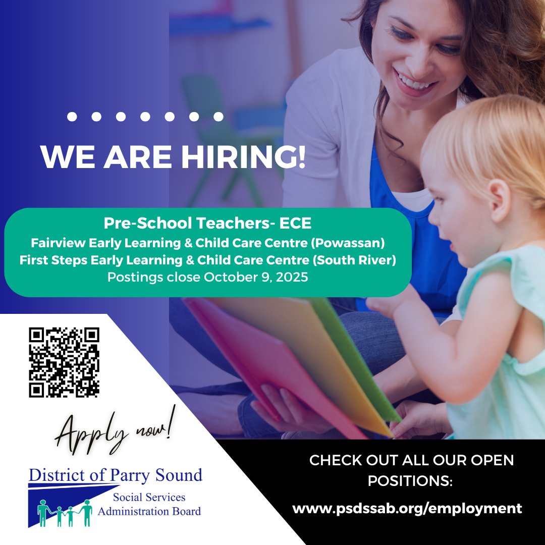 JOIN OUR TEAM!

We're recruiting Pre-School Teachers (full time contract) for the following locations: 

✅First Steps Early Learning &amp; Child Care Centre in South River
✅Fairview Early Learning &amp; Child Care Centre in Powassan

For more information visit psdssab.org/employment