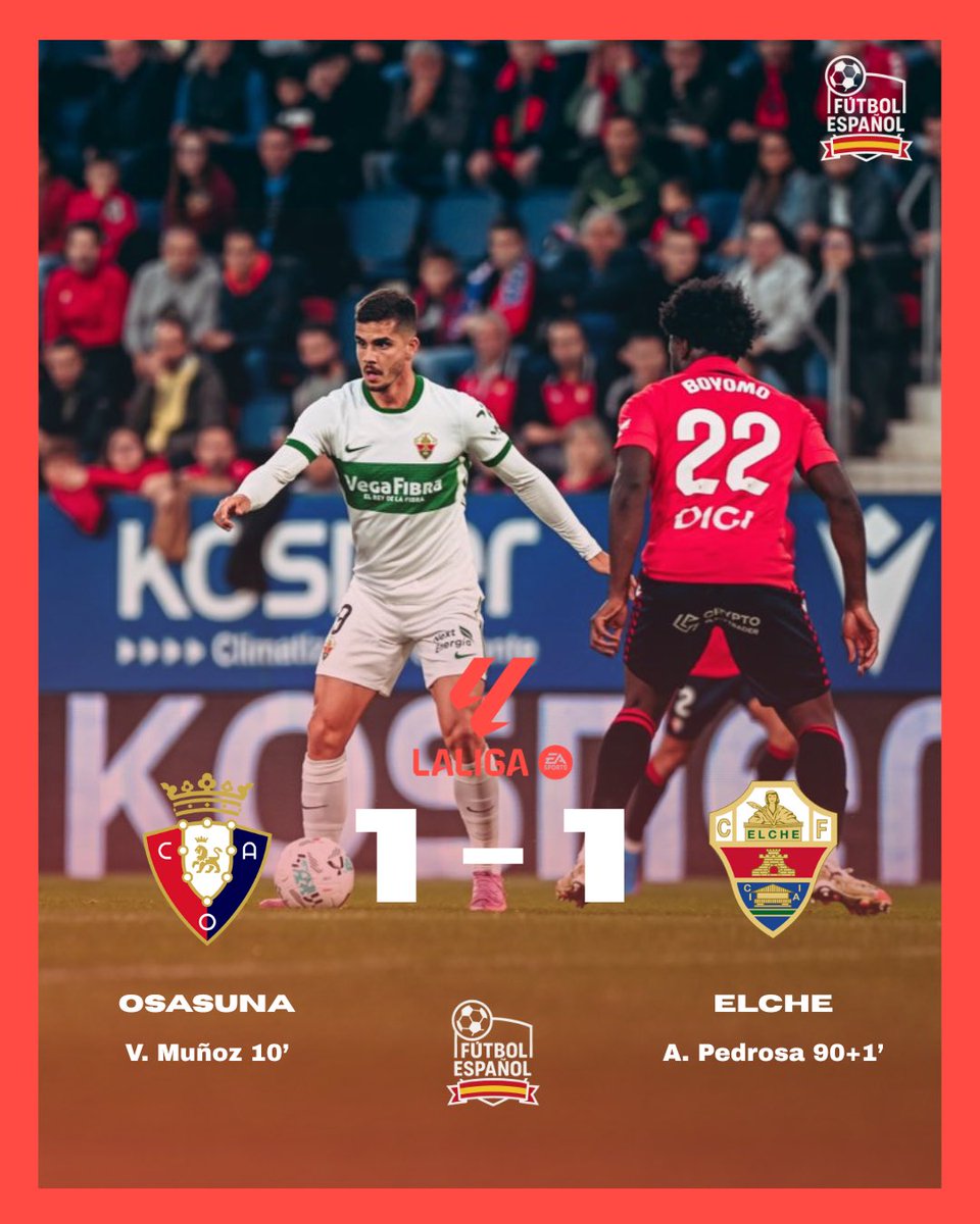 🏁 FINAL DEL PARTIDO

CA Osasuna 1️⃣ – 1️⃣ Elche CF

💬 El <a href="/elchecf/">Elche Club de Fútbol</a> sigue manteniendo el invicto tras su visita a El Sadar.

#OsasunaElcheCF #LALIGAEASPORTS