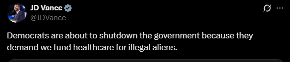 I don't know who needs to hear this, but Couch Fucker JD Vance is full of shit about a government shutdown:

First, Republicans, not DEMs, control Congress -- they hold majorities in both the House and Senate. If there's a shutdown, Republicans OWN it.

Next, undocumented
