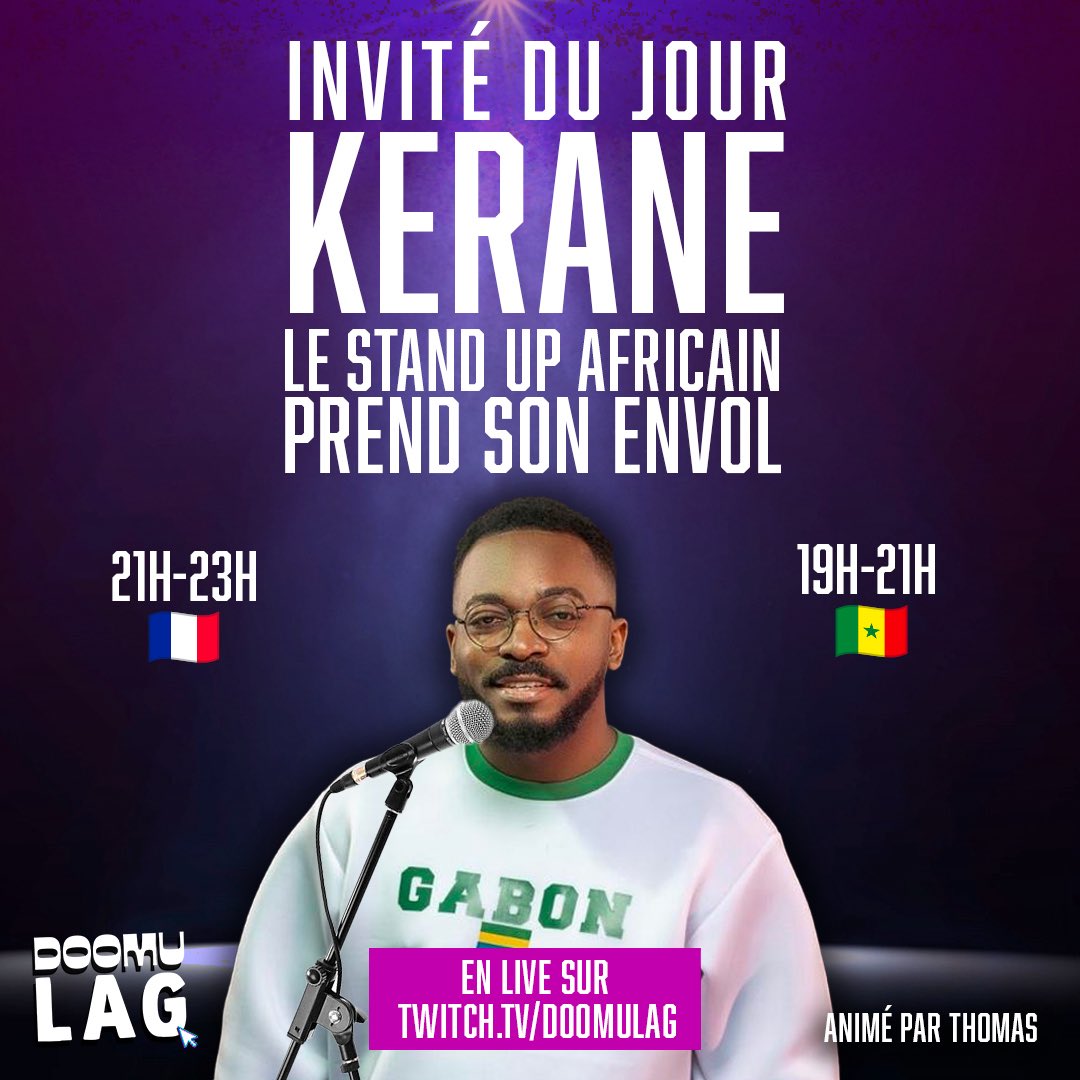 C’est parti, on reçoit à l’instant Kerane, le fondateur du Dakar Comedy Club pour parler comédie, stand up en Afrique (et dans le monde), ça se passe juste ici right now venez !
twitch.tv/doomulag