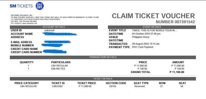 daverickV's tweet photo. #WTS #LFB #TWICE  This is For Bulacan ticket
(1) LBA Regular 103 row 31-seat 58
Price: 11,000 = regular fee

MoP: GCash/BPI/GoTyme or meet up
Meet ups: SM North, Cubao or Anonas Area
 RFS: got better seats
#THIS_IS_FOR_IN_MANILA #TWICE_THISISFOR_WORLD_TOUR_IN_BULACAN https://t.co/9682jIqlcr