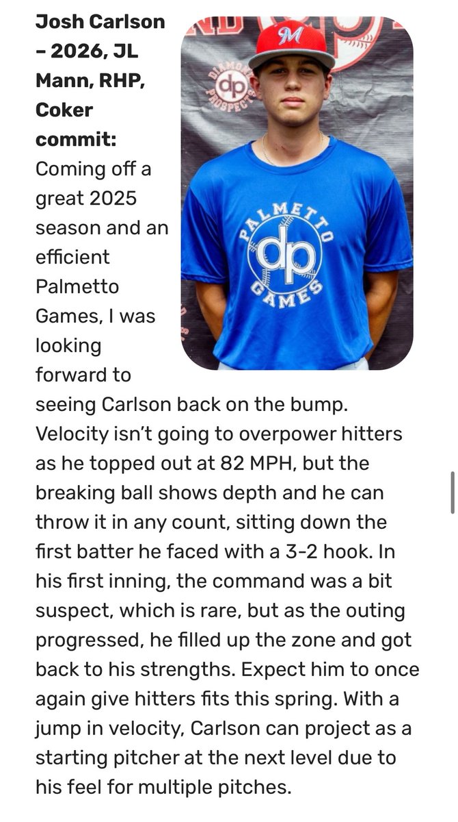 Thank you <a href="/diamondprospect/">Diamond Prospects</a> for the write up!
<a href="/JLMannBaseball/">JL Mann Patriots Baseball</a> 
<a href="/CokerU_Baseball/">Coker University Baseball</a> 
<a href="/CanesSouth/">Canes South</a> 
<a href="/kylegallman/">Kyle Gallman</a> 
<a href="/FFKondla/">Fredrick Kondla</a>