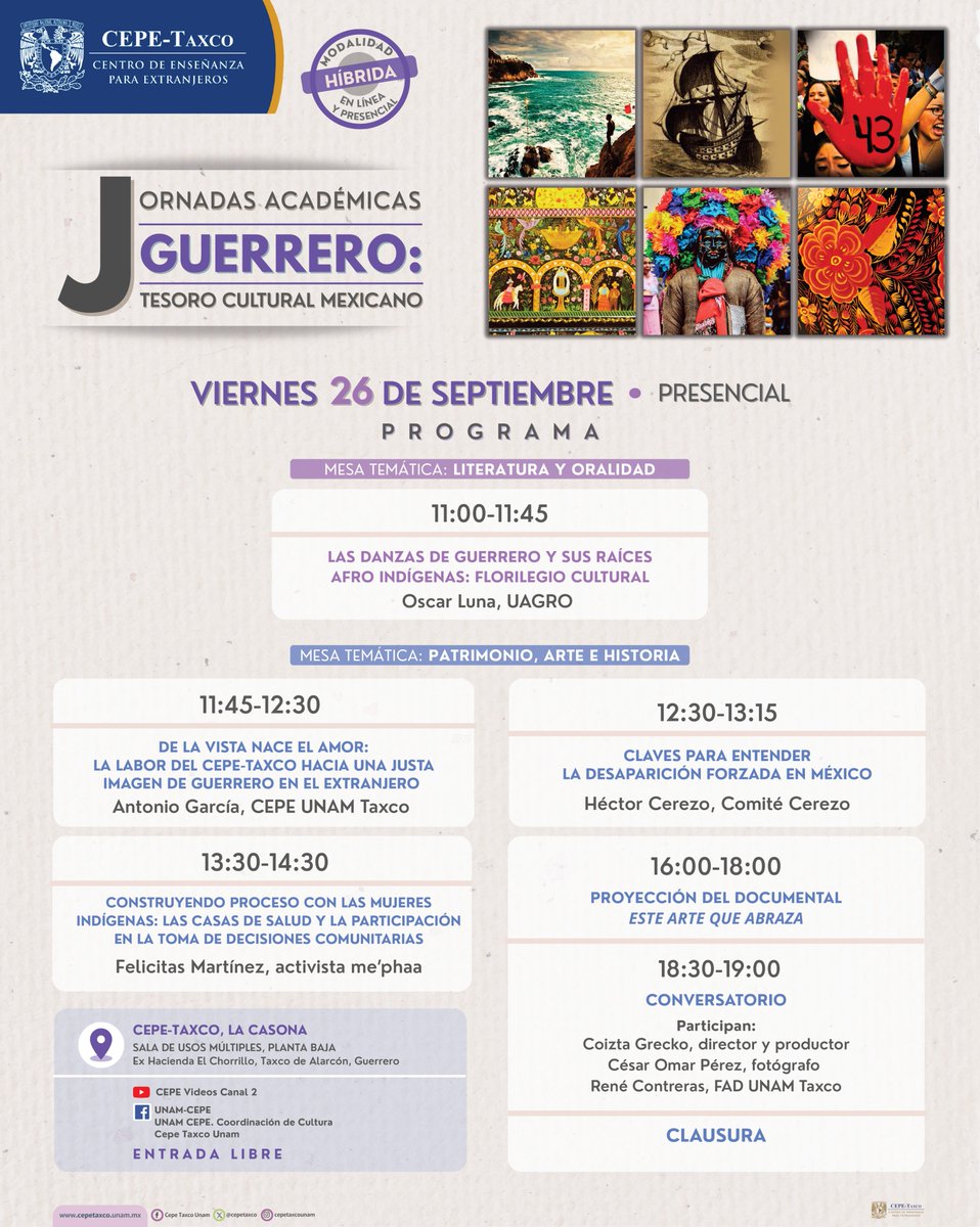 JORNADAS ACADÉMICAS sobre Guerrero
🌿 Sus voces se alzan en la memoria,
🎬 el arte abraza y no olvida.
Mañana cerramos las #JornadasAcadémicas en #Taxco.
✨ Entrada libre. Acompáñanos presencialmente en el CEPE-Taxco
#GuerreroTesoroCultural #CulturaUNAM