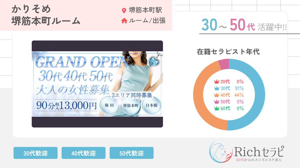 【Richセラピ求人】 広報 (@rich_therapi) on Twitter photo 30代からのメンズエステ求人
Richセラピ掲載店紹介
__________🩵
✦かりそめ 堺筋本町ルーム
📌堺筋本町駅
<a href="/karisome0801Q/">【公式】かりそめ求人</a>
2025年夏OPEN!!
30~50代セラピストさん専門店!!
最高70%バック+指名料&オプションフルバック!!
30代~の女性が稼ぐならココ!!
▽詳細
richjob.jp/salon/6003/ 30代からのメンズエステ求人
Richセラピ掲載店紹介
__________🩵
✦かりそめ 堺筋本町ルーム
📌堺筋本町駅
<a href="/karisome0801Q/">【公式】かりそめ求人</a>
2025年夏OPEN!!
30~50代セラピストさん専門店!!
最高70%バック+指名料&オプションフルバック!!
30代~の女性が稼ぐならココ!!
▽詳細
richjob.jp/salon/6003/