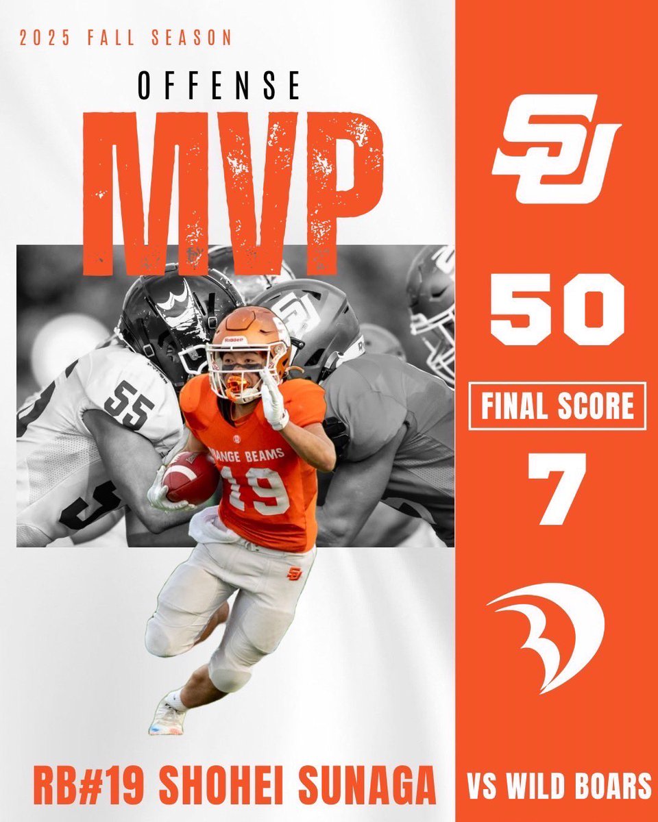 【大東文化大学戦　OFFENSE MVP】

先日行われた大東文化大学戦のOFFENSE MVPがオフェンスコーチより選出されました🏆✨

RB #19  須永　勝平