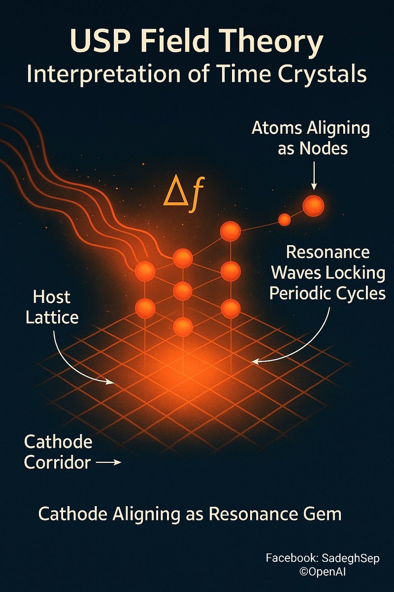 Sadeghsepehri's tweet image. Time crystals aren’t magic ✨
In USP Field Theory, they’re just resonance bonds — atoms aligning as nodes, stabilized by Δf cycles inside a host lattice.
Another step toward experimental validation.
📄zenodo.org/records/172044…

#USPFieldTheory #TimeCrystals #ΔfMechanism #Resonance