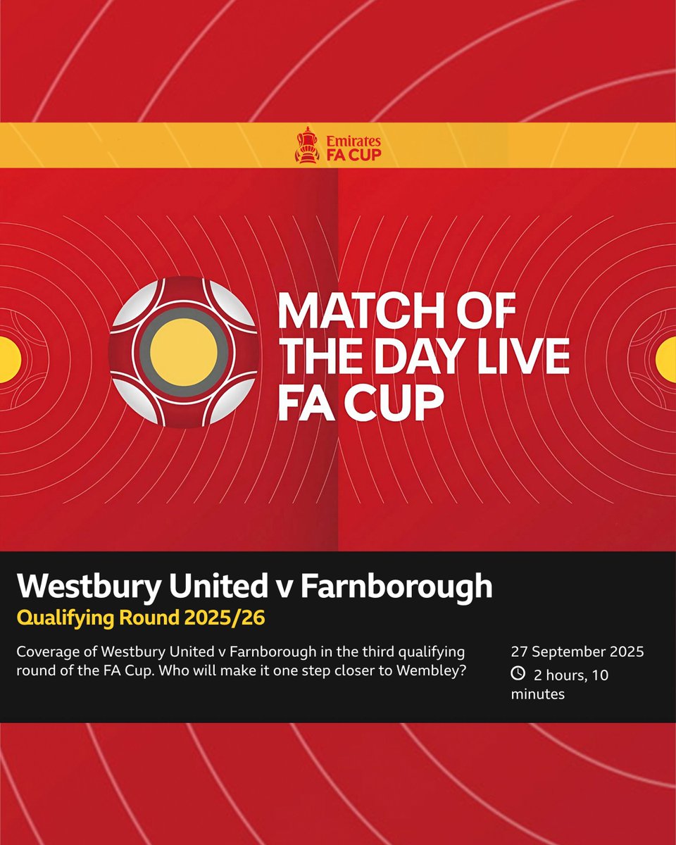 Our #EmiratesFACup Third Round Qualifying tie is LIVE on BBC Sport tomorrow 📺

📌 BBC iPlayer
📌 Red Button
📌 BBC Sport website

Come and watch us in the Cherrywood Bar. Kick-off is at 12:30pm.
