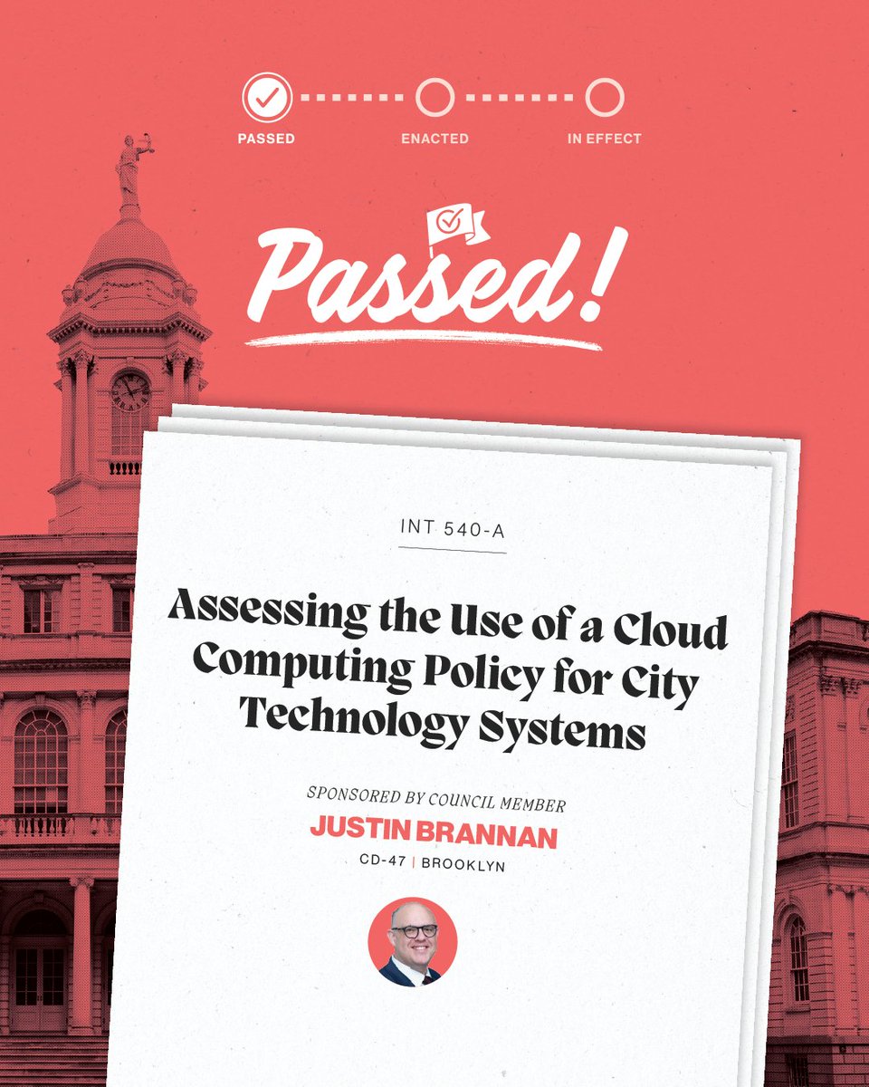 NYCCouncil's tweet photo. INT 540-A, sponsored by @JustinBrannan, requires @NYCOfficeofTech to assess the feasibility of a cloud computing policy for city systems and report the results to the Council. https://t.co/sSA6FK58P0
