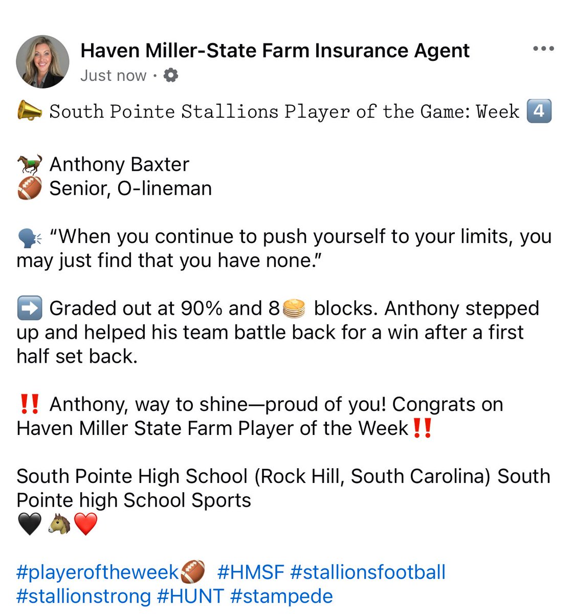 HavenMiller10's tweet photo. #HMSF Week 4๏ธโฃ #PlayeroftheGame
๐จ@Abaxter2026 ๐จ๐ฅfrom @FootballSPHS โ Way to win ๐๐จ #SPvsEverybody #effort #teamwork #provethemwrong #gamecock ๐ค#stallionsfootball #stallionstrong #stampede #HUNT @SPHSstallions @southpointeFBSC @GamecockFB @CoachSBeamer https://t.co/SvGUynjg13