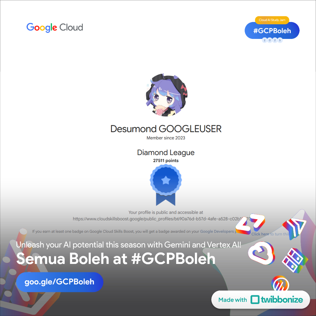 Desumond1's tweet image. Thanks to #GCPBoleh, I got hands-on experience with Google Cloud Platform while working towards the swag completion, which was awesome. Highly recommend!  

Event: goo.gle/GCPBolehS7