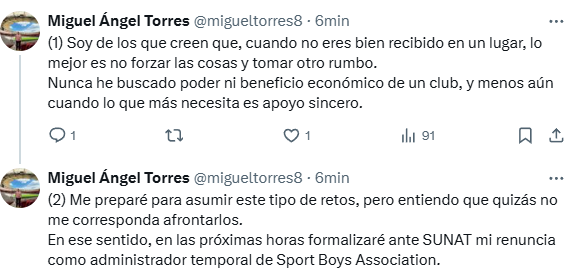 📝 Miguel Torres anuncia oficialmente, mediante sus redes sociales, su renuncia a la Administración del Sport Boys. Corresponde a SUNAT verificar el esquema ACCESITARIO a la brevedad para anunciar el nuevo ganador.