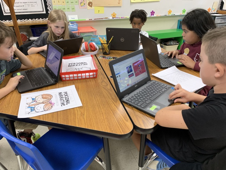 ElemRob's tweet photo. Third grade has been working on writing personal narrative essays. Today some students began turning their narratives into online storybooks using Storyjumper. #RobinsonISD https://t.co/aCzRX2tWRp