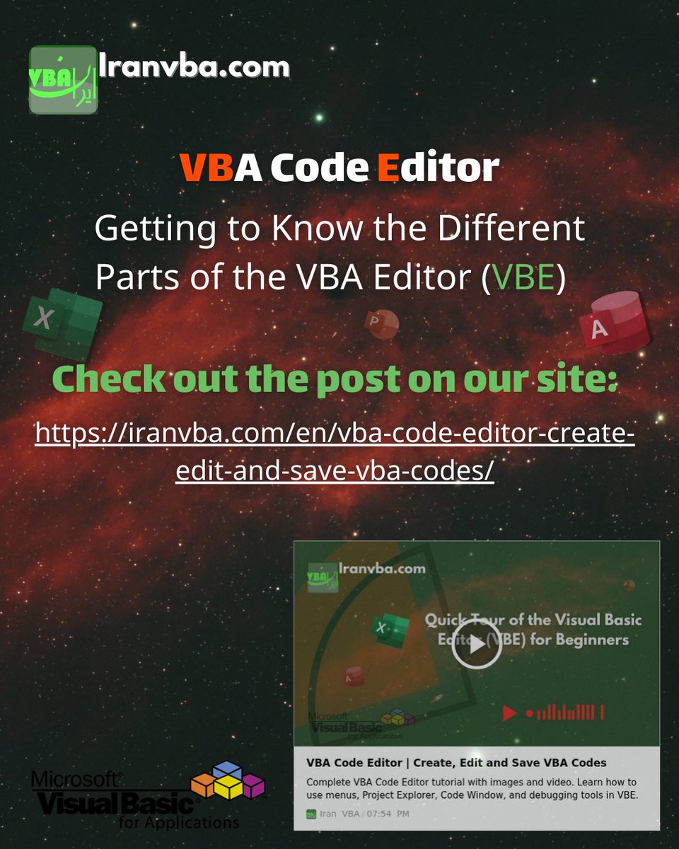 iranvba's tweet image. VBA Code Editor Quick Tour: See where you'll write all your awesome macros! 🗺️ 
iranvba.com/en/vba-code-ed…
#VBEforBeginners #VBAProgramming #ExcelTips #HowToVBA #CodeTutorial #ProgrammingLife #iranvba