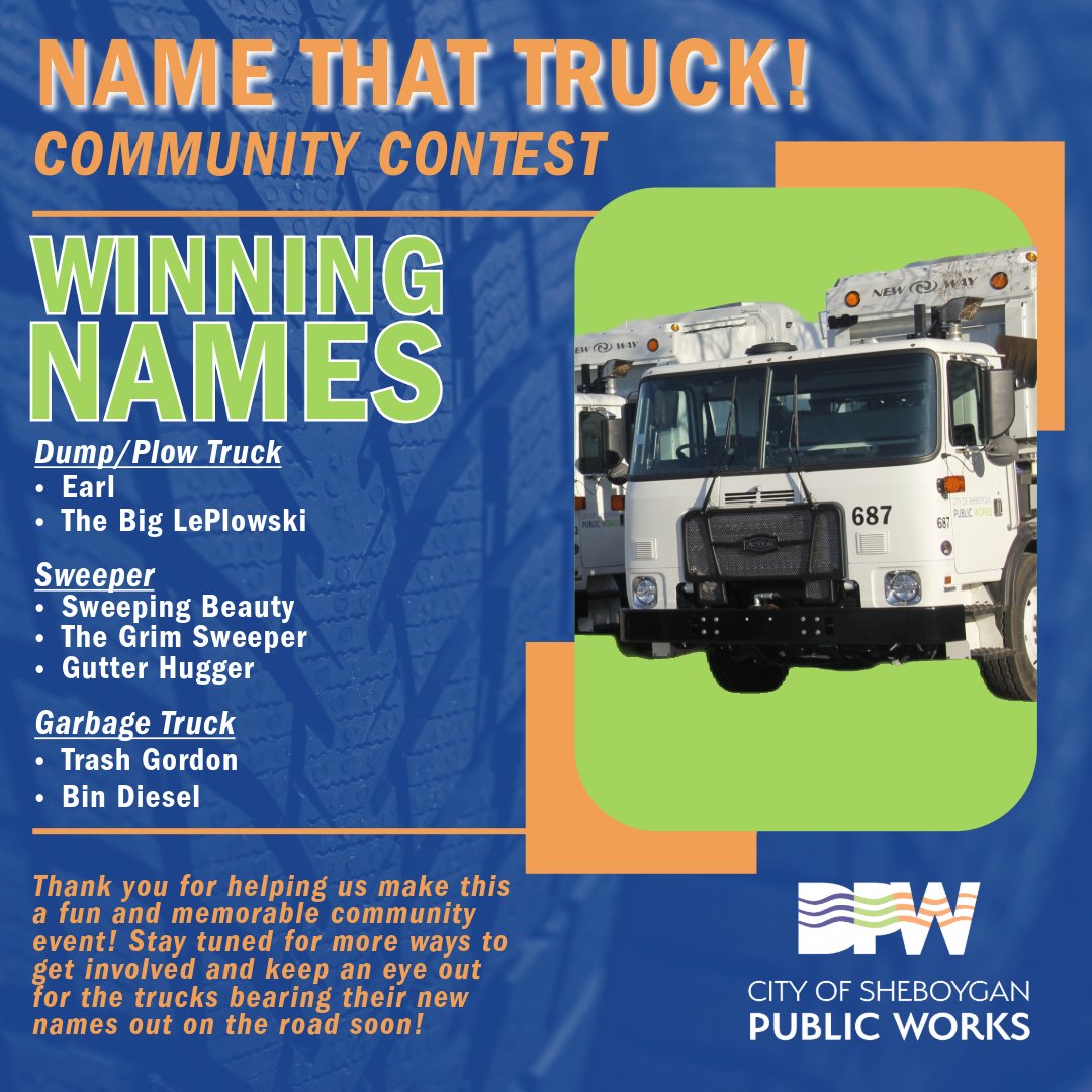 🚛 The Department of Public Works is thrilled to announce the winners of our “Name That Truck!” community contest — and to thank everyone who participated for your creativity and enthusiasm! 🚛

🔗 For additional information, please visit sheboygandpw.com/news-updates/n….