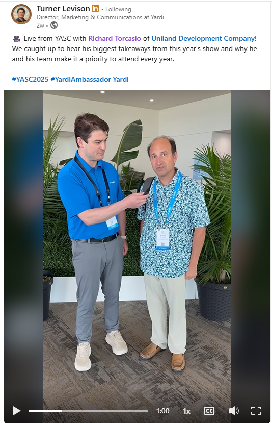 Uniland Software Engineer Richard Torcasio spoke with <a href="/Yardi/">YARDI</a>'s Turner Levison at the Yardi Advanced Solutions Conference (YASC) about how we are safely incorporating AI + other software enhancements into our digital operations: linkedin.com/feed/update/ur… #YASC2025 #YardiAmbassador