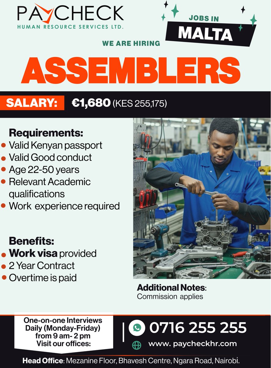 PaycheckHr's tweet image. MALTA ASSEMBLER JOBS - IMMEDIATE OPENINGS

€1,680/month (KES 255K+) | 2-year contract | Work visa provided | Paid overtime

Daily interviews 9am-2pm, Nairobi Call: 0716 255 255
Your European career starts now!
#MaltaJobs #EuropeWork #KenyanTalent #ManufacturingJobs