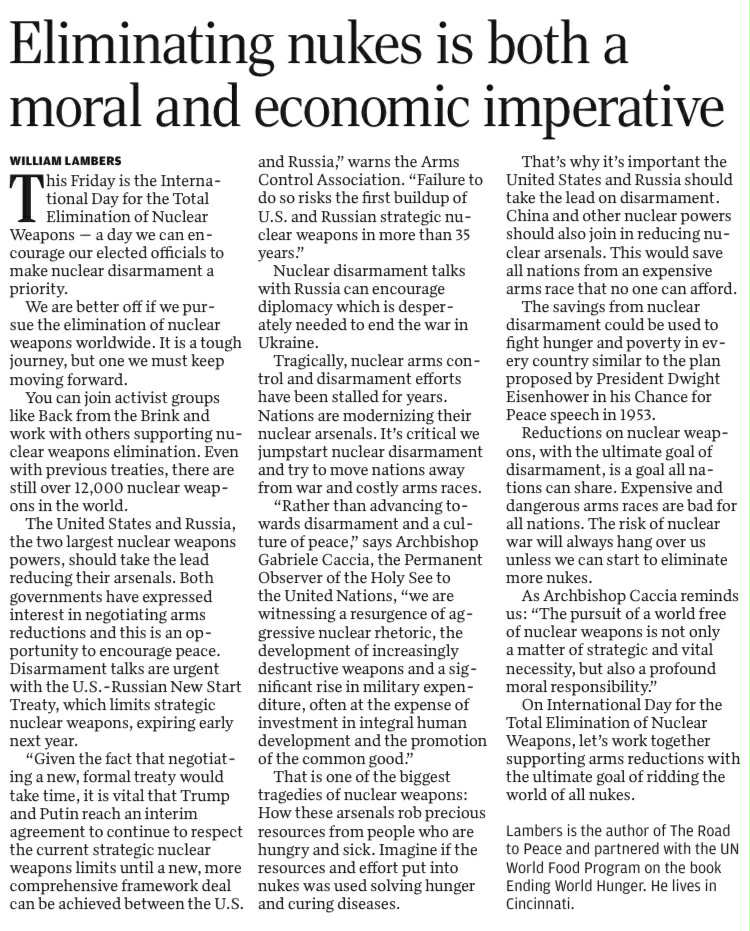 William Lambers (@williamlambers) on Twitter photo My column for International Day for the Total Elimination of Nuclear Weapons! It's in the St. Louis Post-Dispatch (Sep 25th, page A9) and online at stltoday.com/opinion/column… <a href="/ArmsControlNow/">Arms Control Assoc</a> <a href="/NTI_WMD/">NTI</a> <a href="/HolySeePress/">Holy See Press Office</a> <a href="/HolySeeUN/">Holy See Mission to the UN</a> <a href="/stltoday/">St. Louis Post-Dispatch</a> #history #peace #disarmament <a href="/ActionCorpsNY/">Action Corps NY</a> My column for International Day for the Total Elimination of Nuclear Weapons! It's in the St. Louis Post-Dispatch (Sep 25th, page A9) and online at stltoday.com/opinion/column… <a href="/ArmsControlNow/">Arms Control Assoc</a> <a href="/NTI_WMD/">NTI</a> <a href="/HolySeePress/">Holy See Press Office</a> <a href="/HolySeeUN/">Holy See Mission to the UN</a> <a href="/stltoday/">St. Louis Post-Dispatch</a> #history #peace #disarmament <a href="/ActionCorpsNY/">Action Corps NY</a>