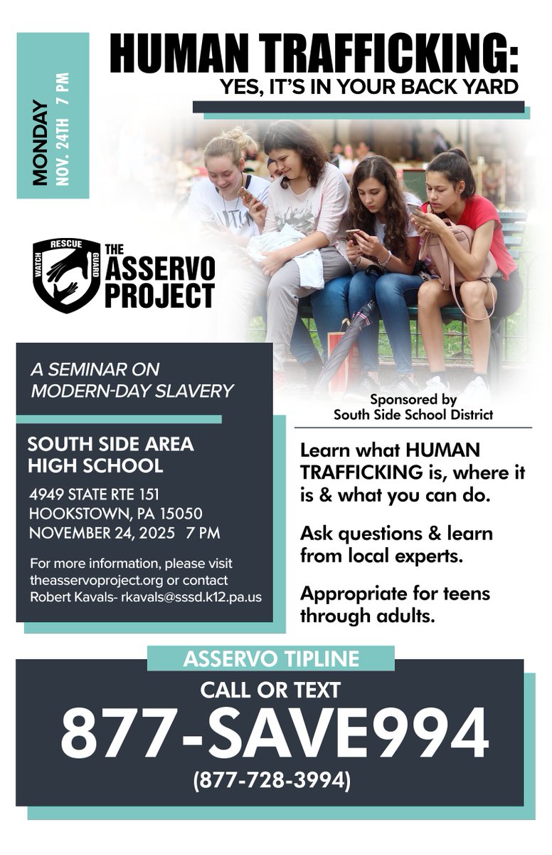 Out friends at South Side School District are sponsoring an evening of learning - regarding human trafficking - with the Asservo Project. It'll be held at South Side HS on Monday, 11/24. Teens and adults are encouraged to attend, so please check out the flyer for more details.