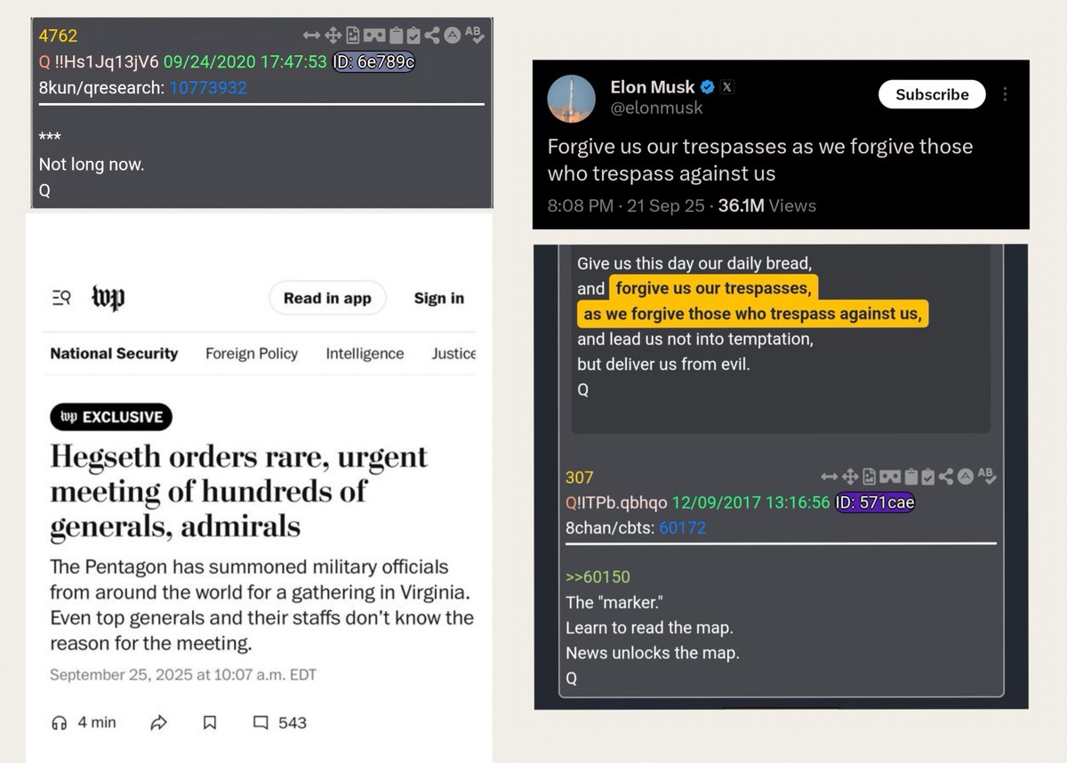 Q told us the news unlocks the map.

*** represents a military General.

Pete Hegseth just called for a meeting with all generals today. The day after we have a Q delta.

Q post 4762 9/24/2020
***
Not long now
Q

Sept 21 Elon Musk quotes from the Lords prayer. Q post 306 contains