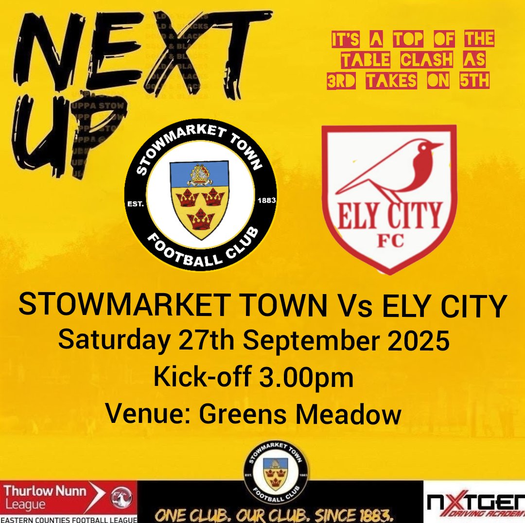 ForStEdmund's tweet photo. Stowmarket Town are back at Greens Meadow on Saturday where the boys are looking to continue their great start to the season. So let's get behind the team. https://t.co/07errNzdI6