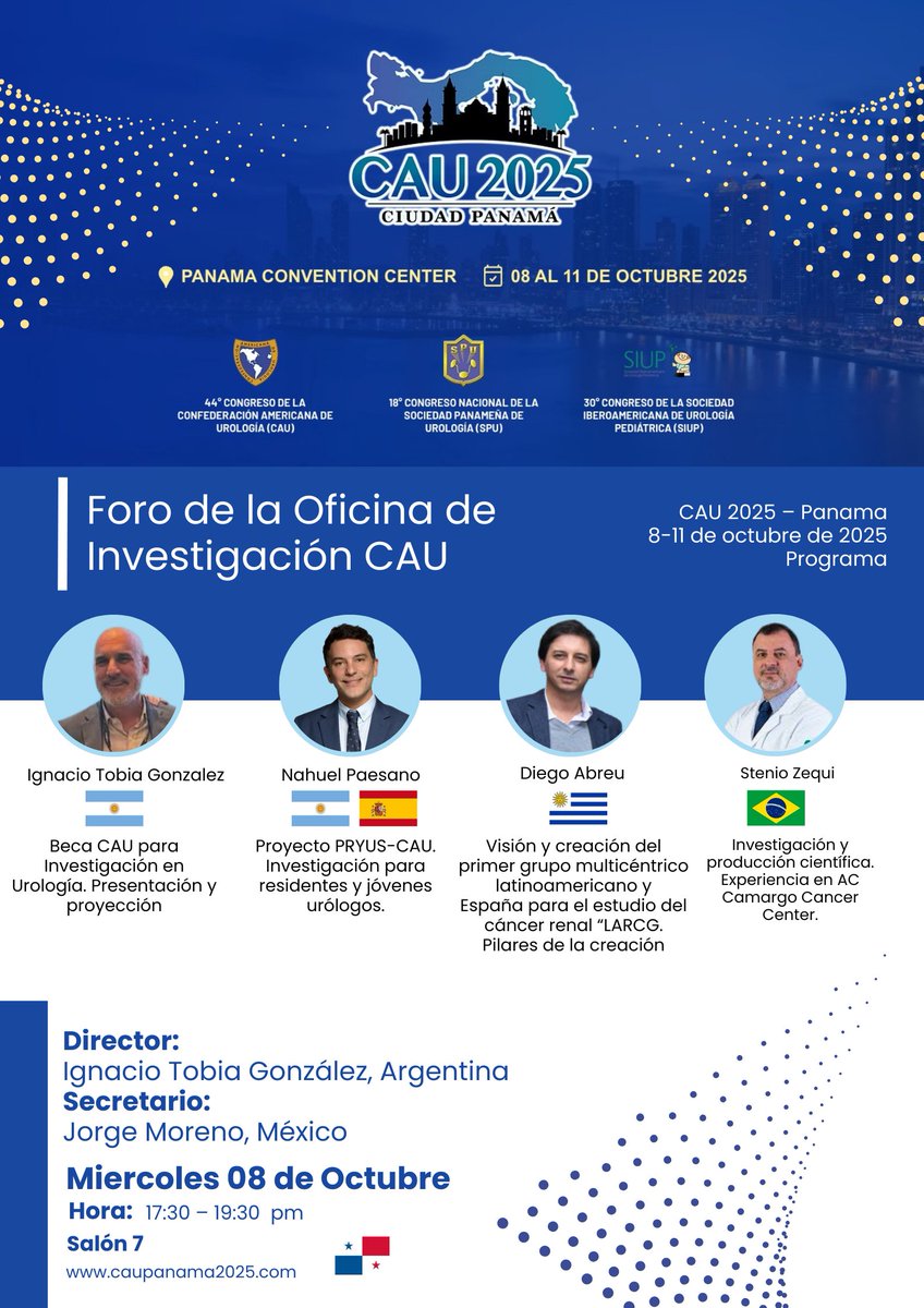 No te pierdas el Foro de la Oficina de Investigación CAU en el Congreso CAU 2025 - Panamá🇵🇦

🗓️ Fecha: Miercoles 08 de Octubre 2025
🕓 Hora: 17:30 horas
📍 Lugar: Salón 7 
¡Los esperamos!

Consulta el programa en: caupanama2025.com/programa-cau

<a href="/siupurol/">siupurol</a> <a href="/spurol1965/">Sociedad Panameña de Urología</a>