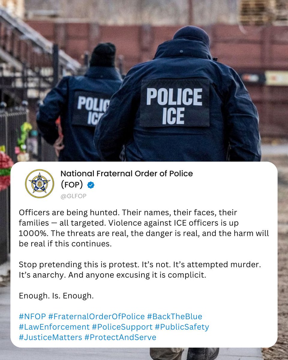 They’re not protesting. They’re hunting cops.
Threats on officers. Threats on families. Violence up 1000% against ICE officers.
This is murder. This is anarchy.
And we will not stay silent.
#NFOP #FraternalOrderOfPolice #BackTheBlue #LawEnforcement #PoliceSupport #PublicSafety