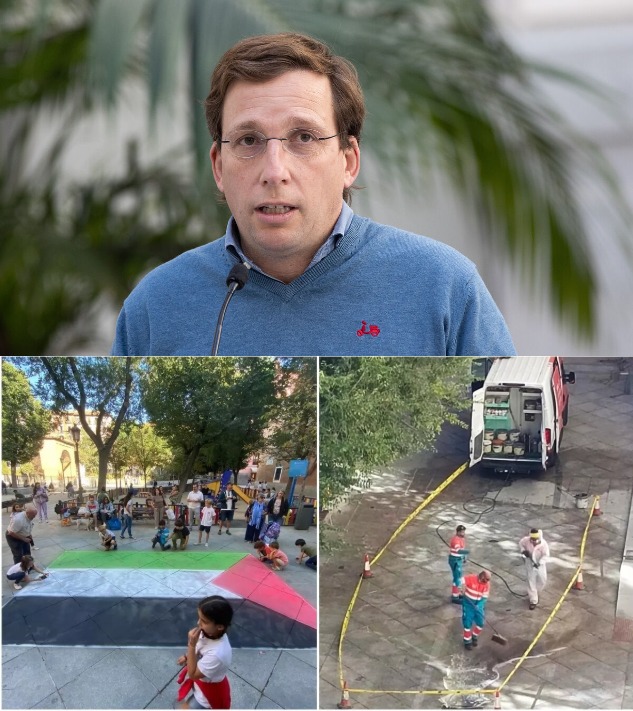 El alcalde Almeida del PP dio la orden de borrar este mural en solidaridad con Palestina hecho con tiza por niños y niñas en Malasaña. Como decía el poeta Miguel Hernández a los fascistas: "Queréis ocultar la infamia, pero el color de cobardes no se os irá de la cara".