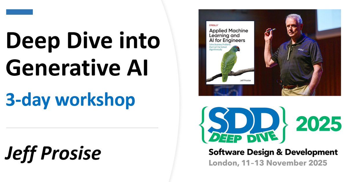 Deep Dive into Generative AI

3-day hands-on workshop with Machine Learning &amp; Generative AI guru <a href="/jprosise/">Jeff Prosise</a> at SDD Deep Dive (London, 11-13 November)

Click for full details of the agenda, &amp; book your place by 24th Oct to save £100:  sddconf.com/workshop/MfB9g…