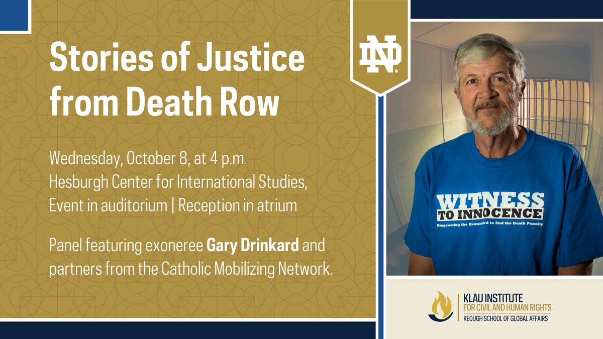 NDHumRts's tweet image. Join the Klau Institute and @CMNEndtheDP on Oct. 8 for an event with:
⚖️ Gary Drinkard, who was wrongfully accused of murder and later exonerated after 6 years on death row
⚖️ Rev. Dr. Crystal Walker of @OhStopExecution
⚖️ Attorney Ruth Friedman

Details👉 klau.nd.edu/news-events/ev…