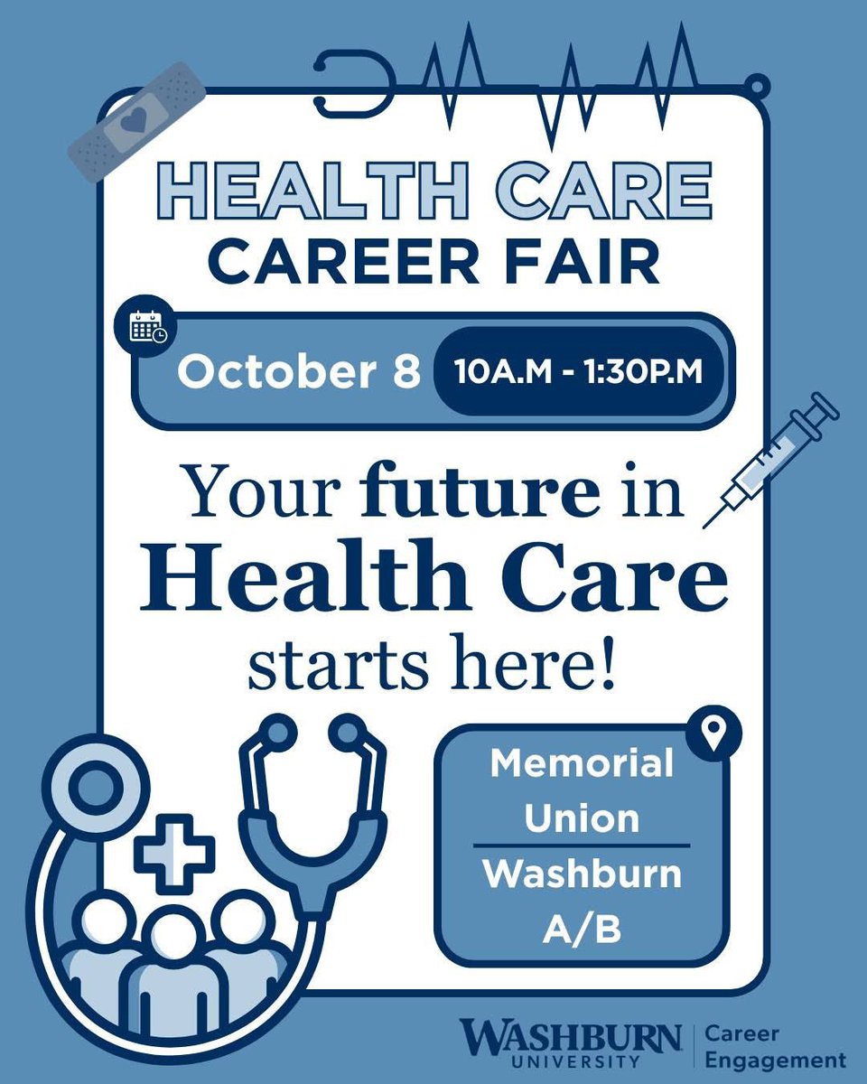 Ready to launch your career in Health Care? Learn about career paths, meet recruiters, and take your next step at the Health Care Career Fair. Join us at the Memorial Union in Washburn A/B on October 8th! See what employers will be attending at washburn.joinhandshake.com